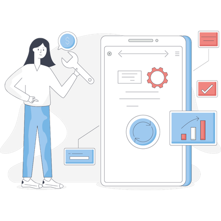 Girl  repairing mobile app  Illustration