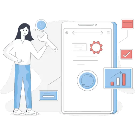Girl  repairing mobile app  Illustration