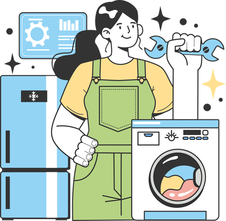 Girl repairing washing machine  Illustration