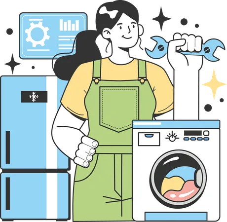 Girl repairing washing machine  イラスト