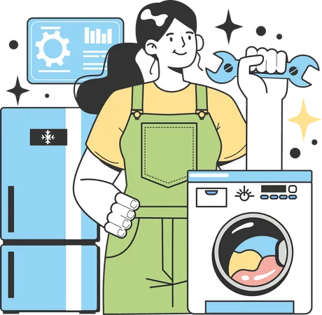 Girl repairing washing machine  Illustration