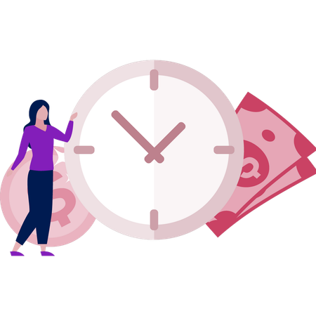 Girl representing money on time.  Illustration