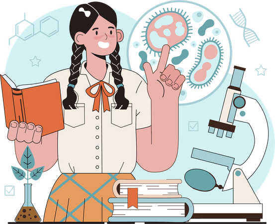 Girl research on bacteria using microscope  Illustration