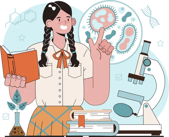 Girl research on bacteria using microscope  Illustration