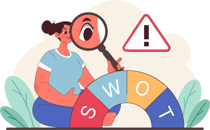 Girl research on SWOT analysis while getting alert  Illustration