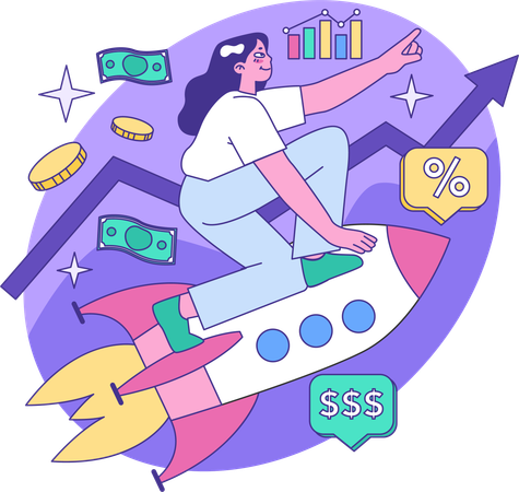 Girl ride on rocket while getting startup growth  Illustration