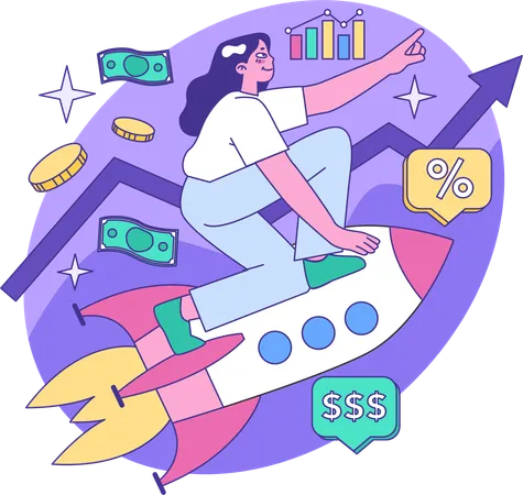 Girl ride on rocket while getting startup growth  Illustration