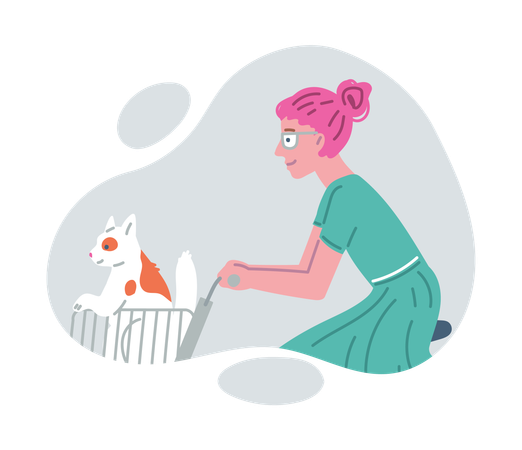 Girl rides bicycle with cat sits in carriage ahead  Illustration