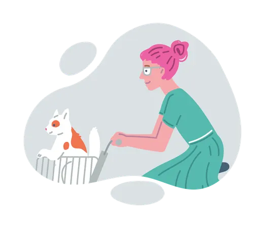 Girl rides bicycle with cat sits in carriage ahead  Illustration