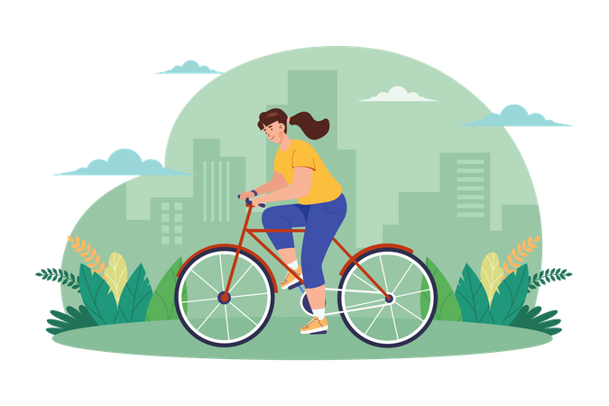 Girl Riding A Bicycle On The Street  Illustration