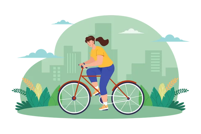 Girl Riding A Bicycle On The Street  Illustration
