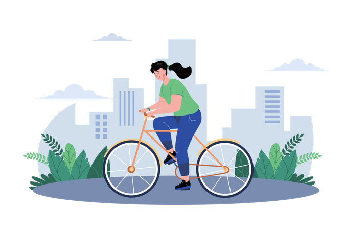 Girl Riding A Bicycle On The Street  Illustration