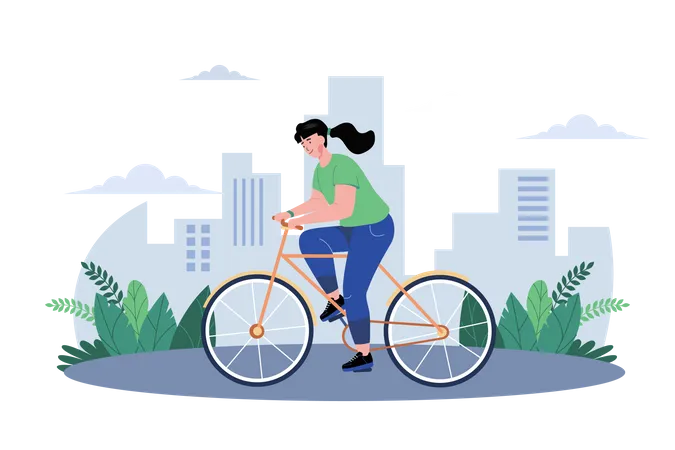 Girl Riding A Bicycle On The Street  Illustration