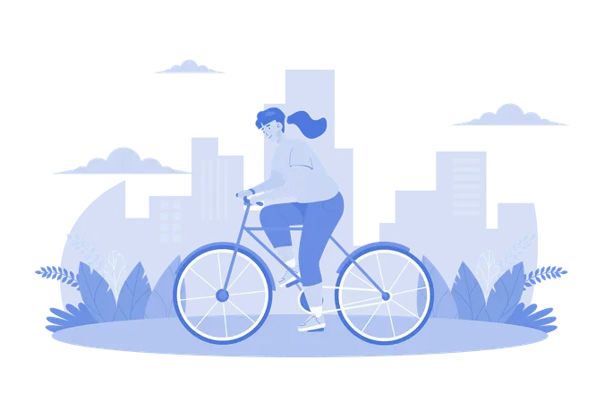 Girl Riding A Bicycle On The Street  Illustration