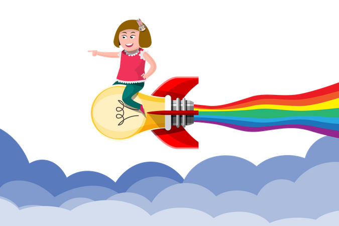 Girl riding a lightbulb rocket Illustration