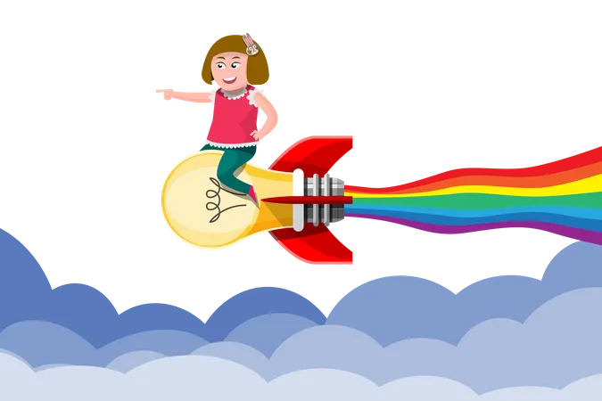 A Girl Riding A Lightbulb Rocket Is Like Knowledge That Encourages Those Who Study Knowledge To Go Farther And Faster Vector Illustration In 3 D Style Illustration