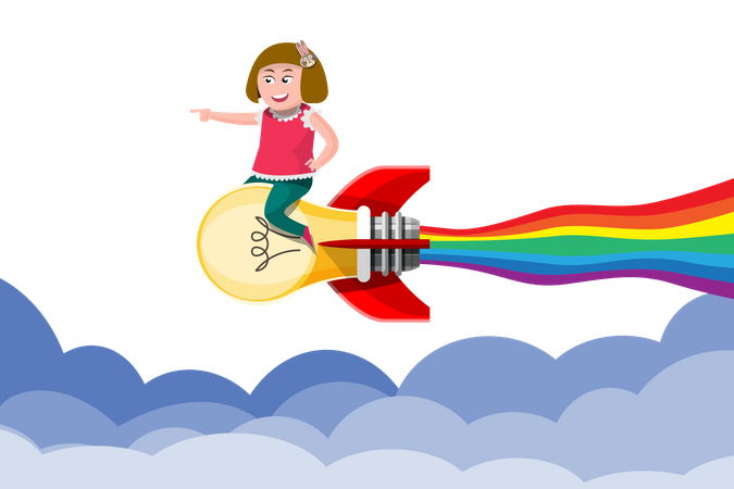 Girl riding a lightbulb rocket  Illustration