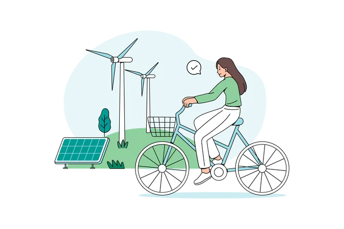 Girl riding bicycle in eco city  Illustration