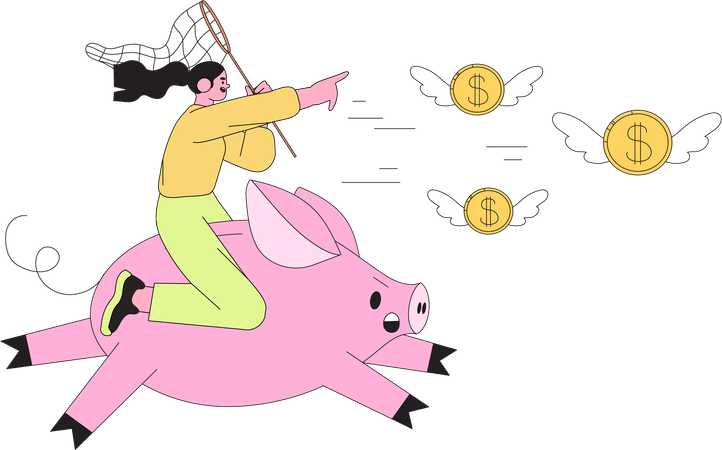 Girl riding big piggy bank catch  Illustration