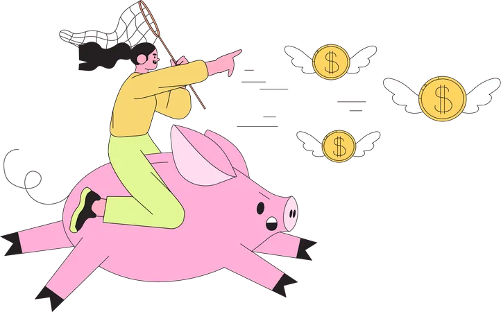 Girl riding big piggy bank catch  Illustration