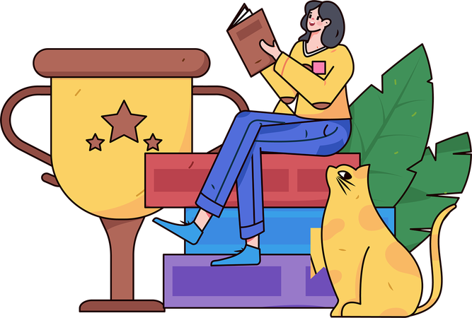 Girl riding book in library  Illustration