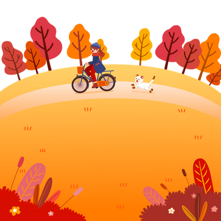 Girl riding cycle in autumn park  Illustration