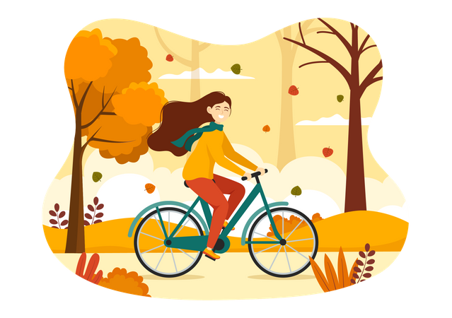 Girl riding cycle in Autumn park  Illustration