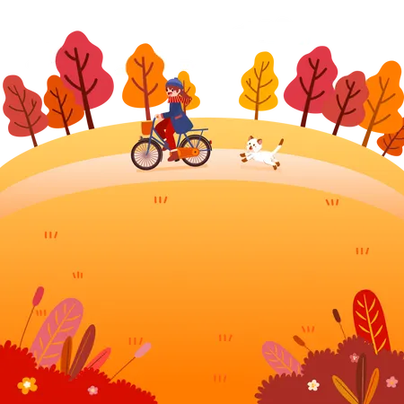 Girl riding cycle in autumn park  Illustration