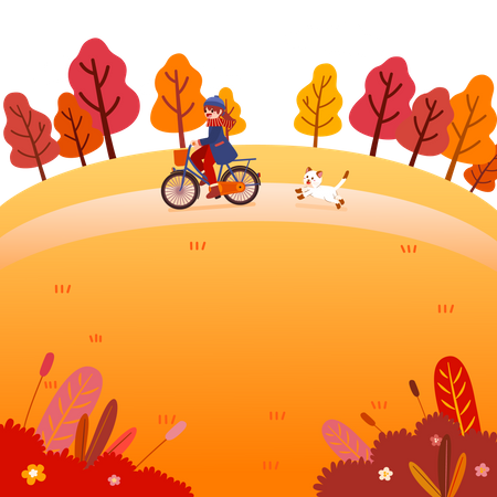 Girl riding cycle in autumn park  イラスト