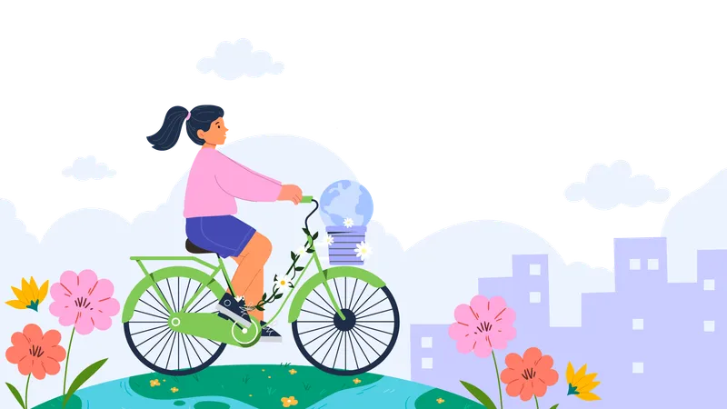 環境デーに自転車に乗る少女  イラスト