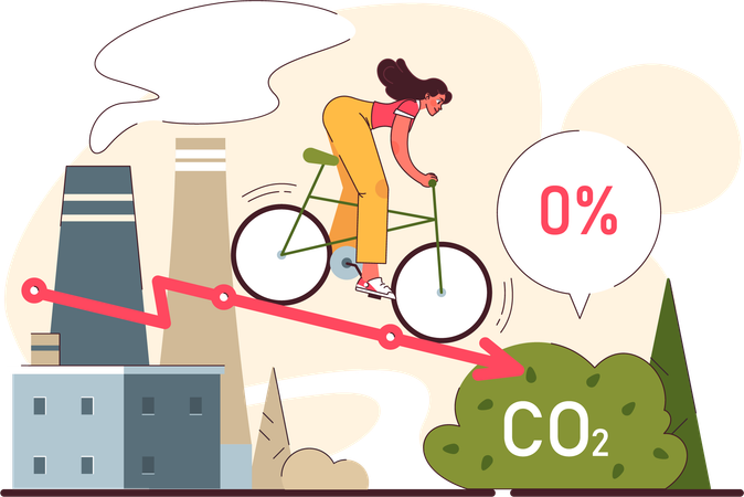 Girl riding cycle while reducing carbon dioxide  Illustration