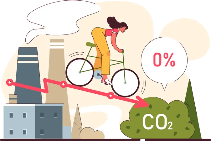 Girl riding cycle while reducing carbon dioxide  イラスト