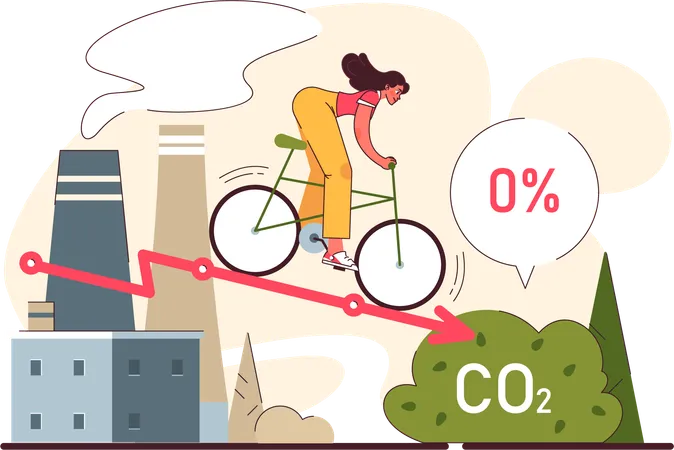 Girl riding cycle while reducing carbon dioxide  Illustration