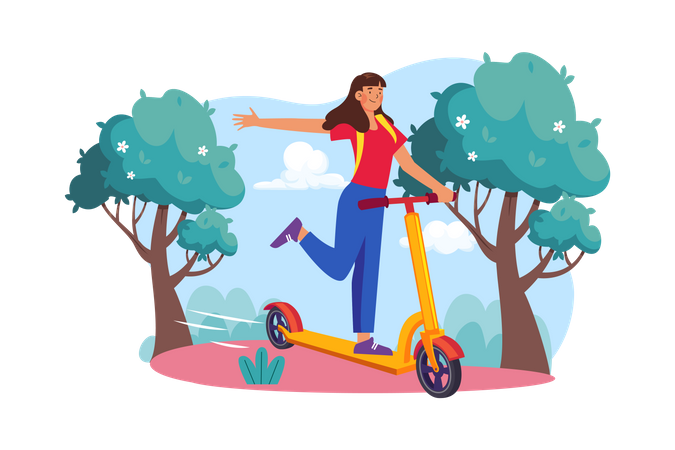 Girl riding kick scooter Illustration