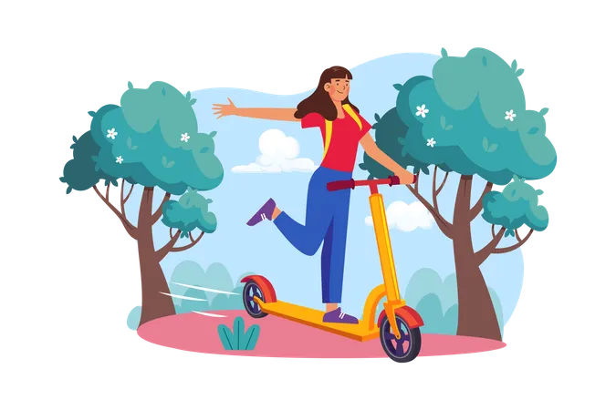 Girl riding kick scooter Illustration