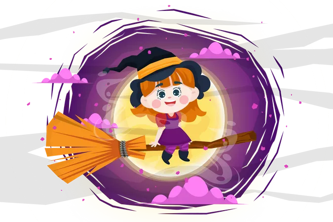 Happy Halloween Trick Or Treat Poster For Invitation Illustration Halloween Night Poster Witch Broom Fog Flying Moon Magic For Designer Create Banner Or Web Page Illustration