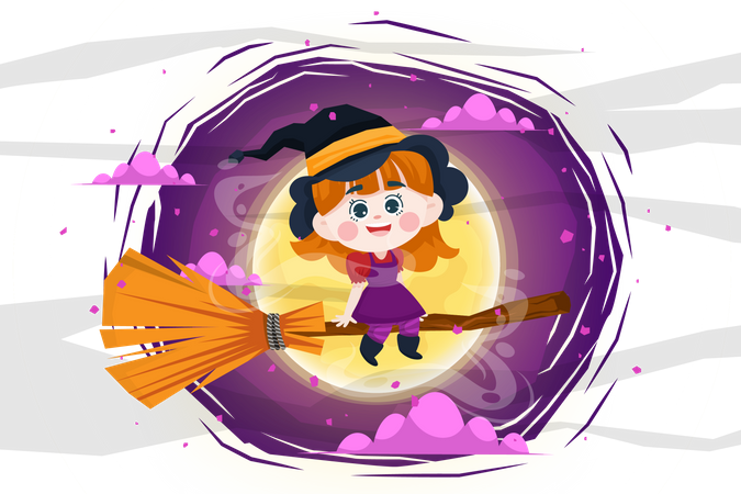 Girl riding on flying broom  Illustration