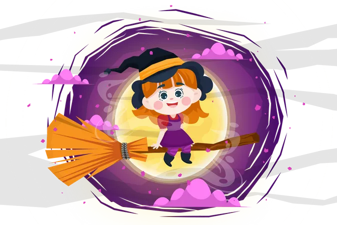 Girl riding on flying broom  Illustration