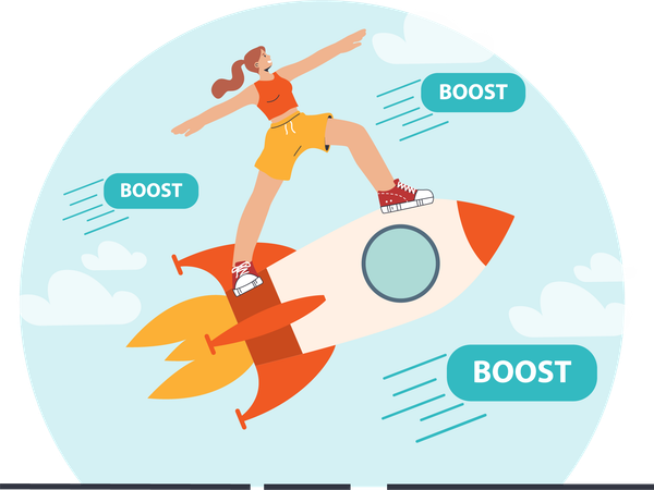 Girl riding on rocket and boosting business  Illustration