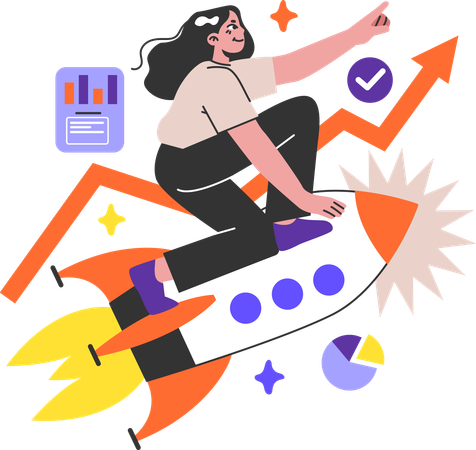 Girl riding on rocket and doing startup analysis  Illustration