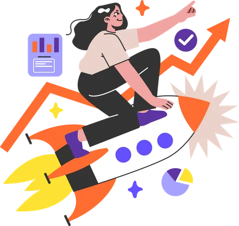 Girl riding on rocket and doing startup analysis  Illustration