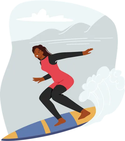 Girl Riding On Surf Board On Waves Illustration