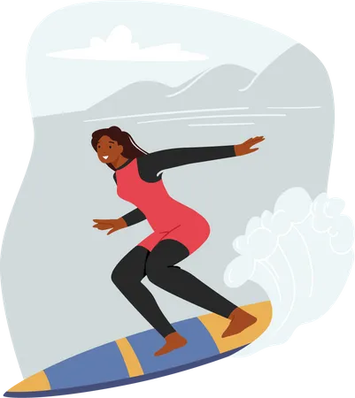 Girl Riding On Surf Board On Waves  Illustration