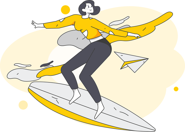 Girl riding on surfing board  Illustration