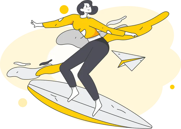 Girl riding on surfing board  Illustration