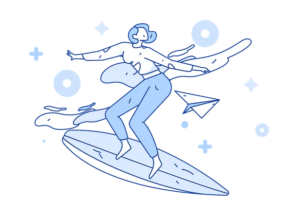 Girl riding on surfing board  Illustration