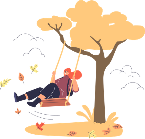 Girl riding on swing in autumn park  Illustration