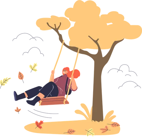 Girl Riding On Swing In Autumn Park Young Woman Enjoy Spending Time Outdoors In Forest With Yellow Trees Covered With Fall Leaves Autumnal Season Leisure Concept Cartoon Flat Vector Illustration Illustration
