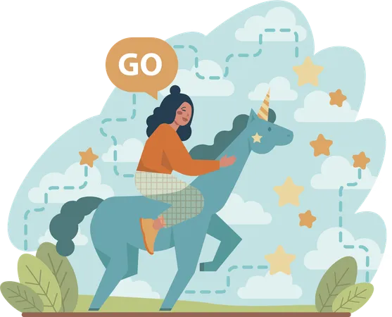 Girl riding on unicorn for full fill her dream  Illustration