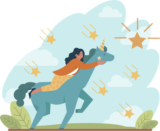 Girl riding on unicorn while getting like  Illustration